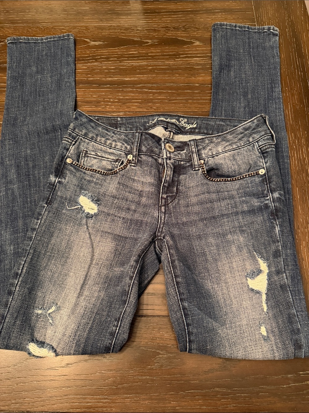 American Eagle Outfitters Women's Washed Distressed Skinny Jeans - Blue